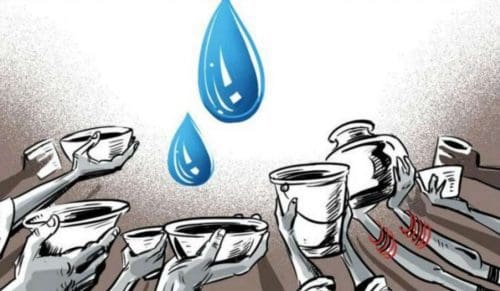 2 drops of water falling and people holding out cups, buckets, bowls trying to catch them